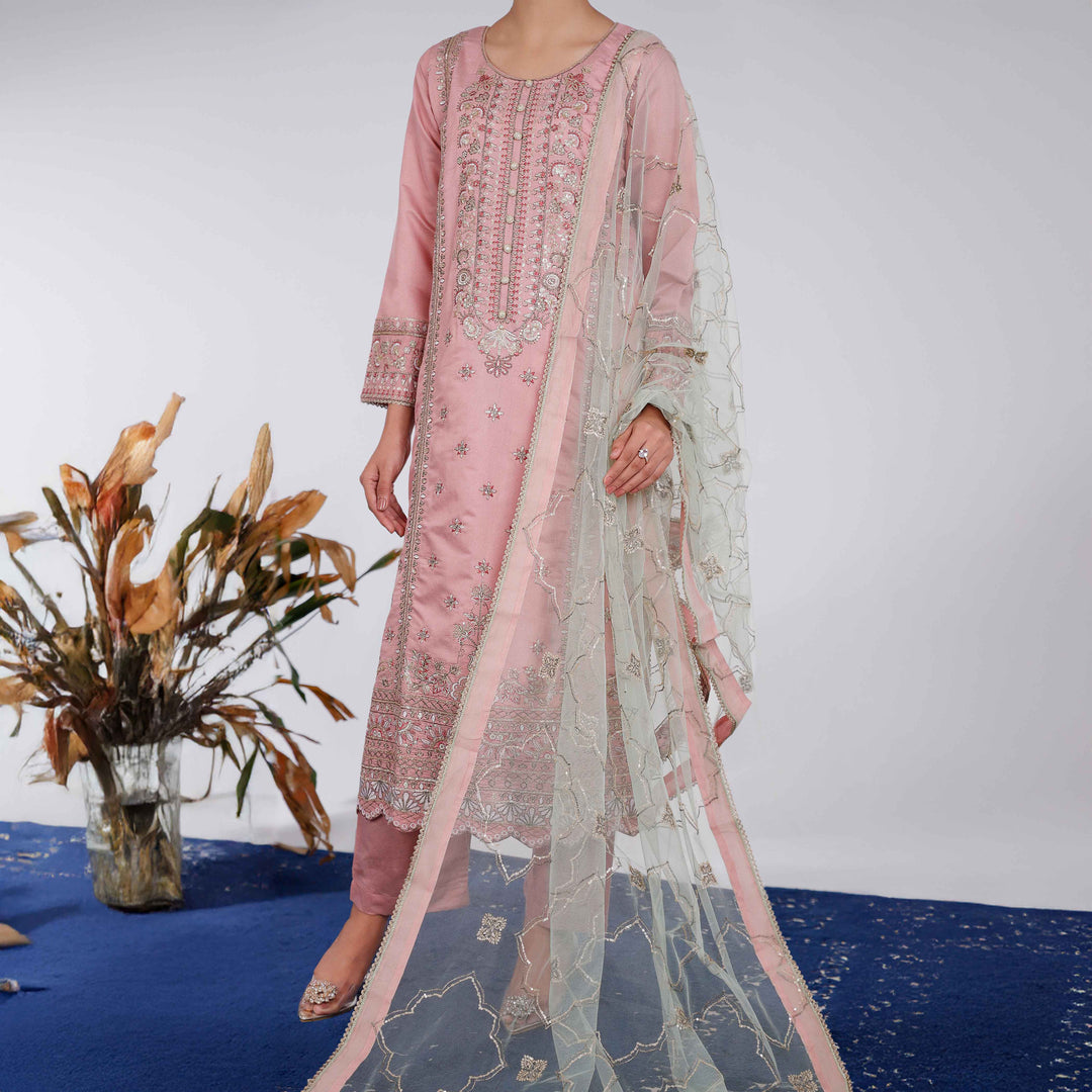 3PC- Embellished Khaddi Net Suit PF4006