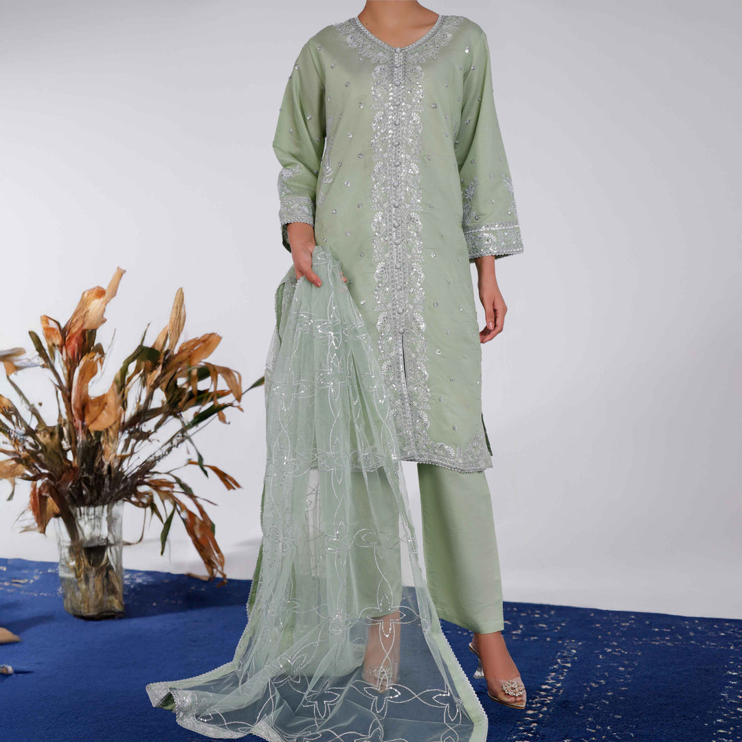 3PC- Embellished Khaddi Net Suit PF4010