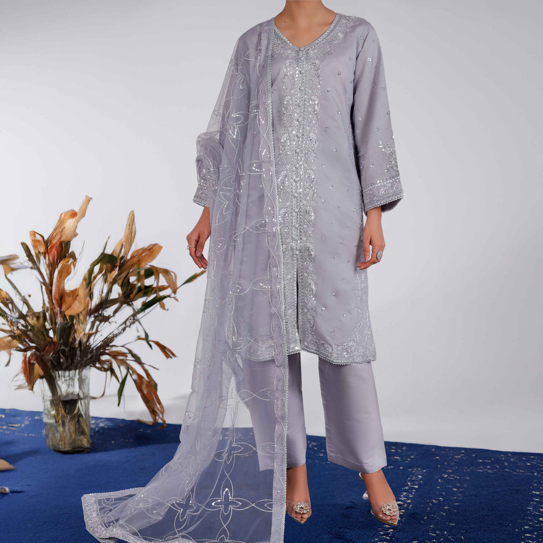 3PC- Embellished Khaddi Net Suit PF4010