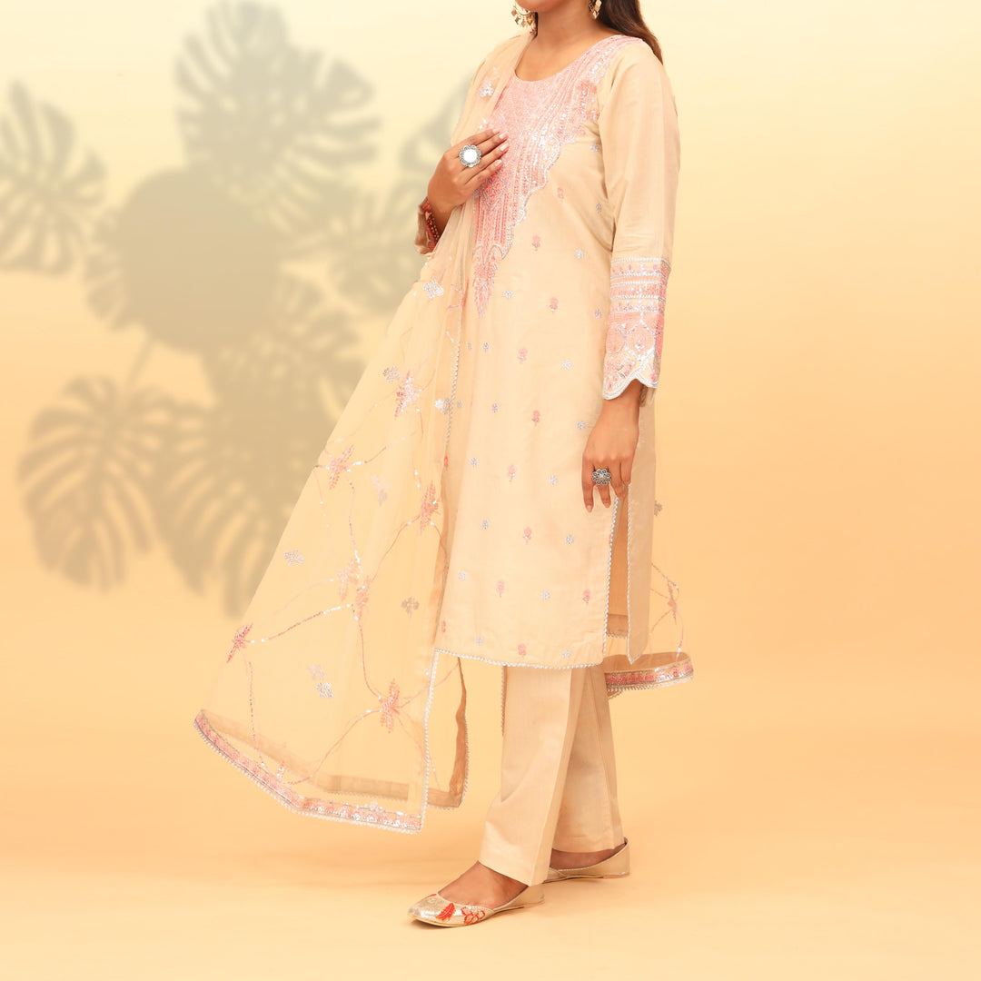 3PC- Embellished Khaddi Net Suit PF4015