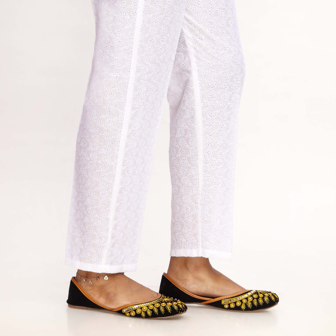 White Striaght Fit Chikan Embellsihed Trouser PL4054