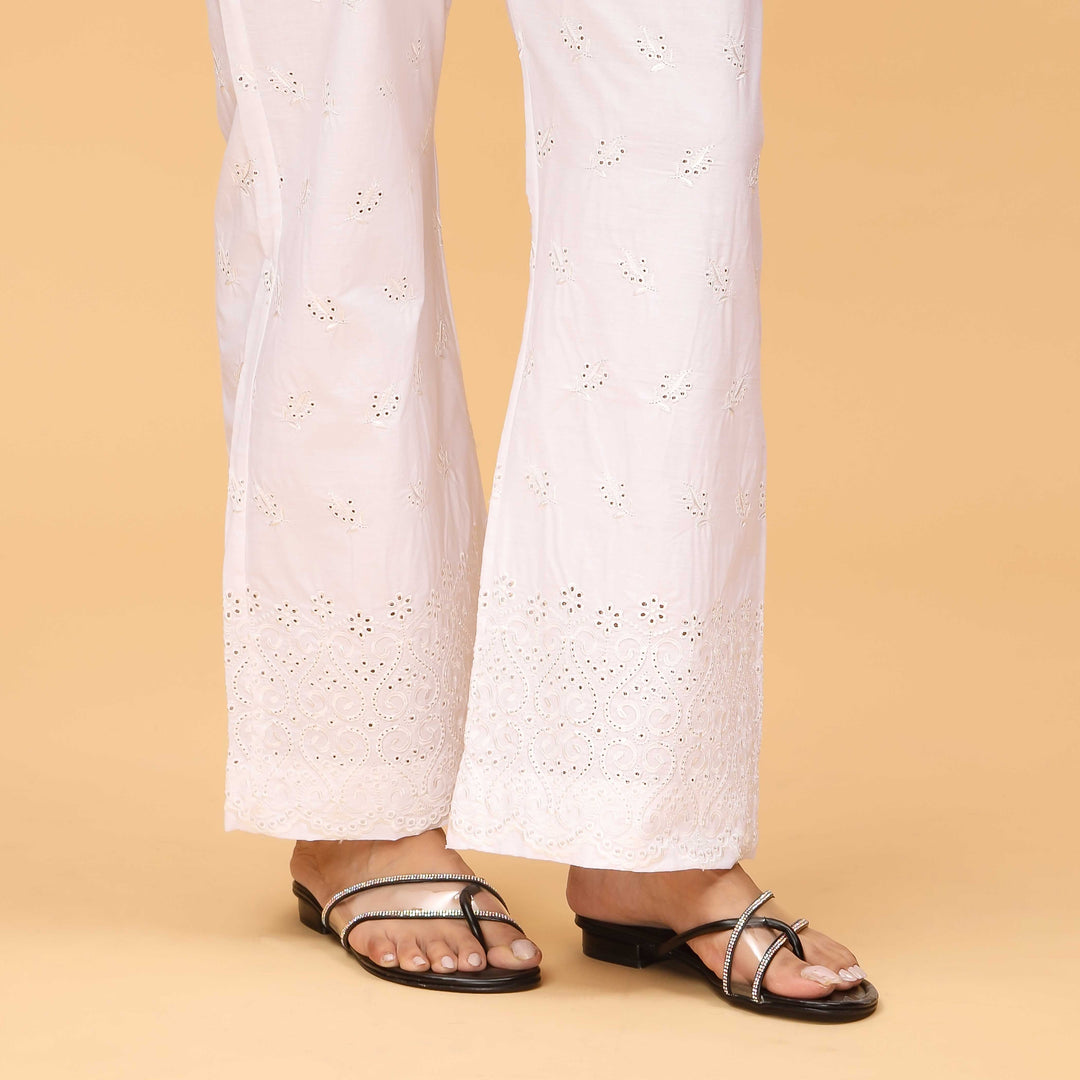 White Bell Bottom Embellished Cambric Trouser PS4557