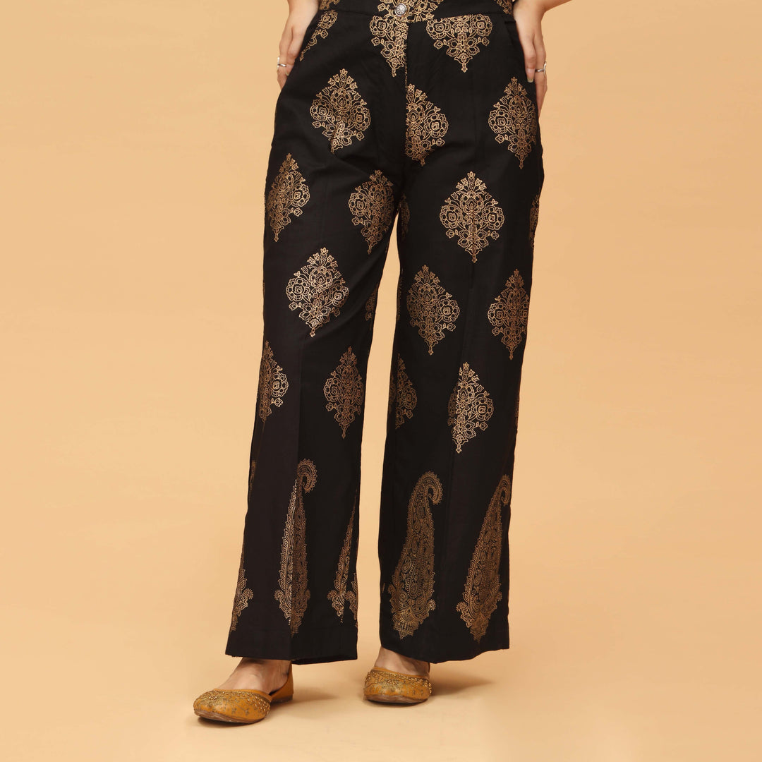 Black Staright Fit Cambric Printed Trouser PS4589