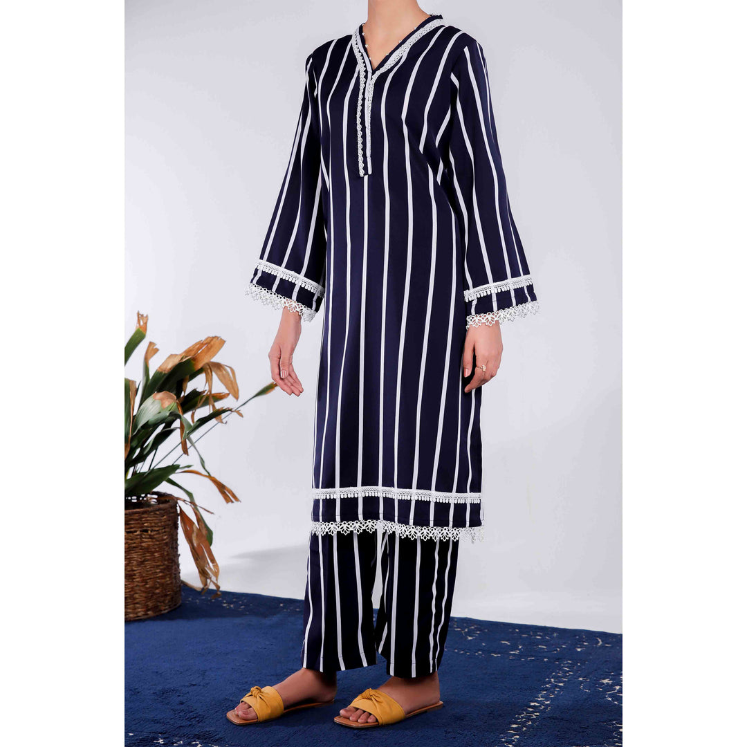 2PC- Solid Stripe Poly Cotton Suit PS4947