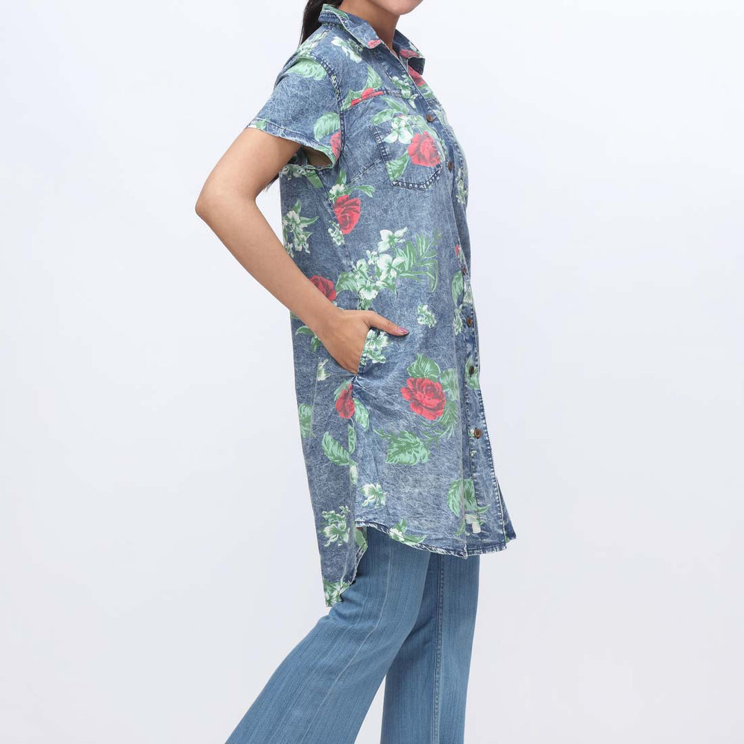 Denim Floral Button Through Shirt PW3968