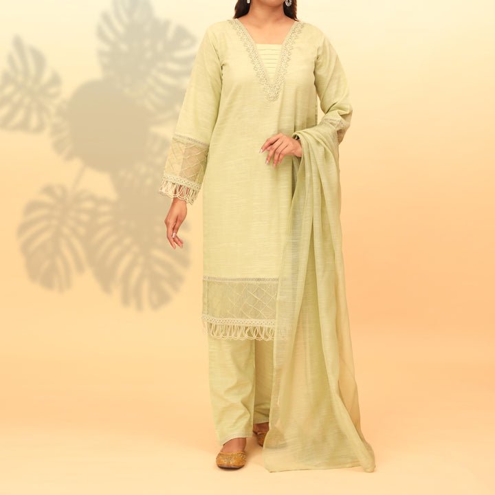 3PC- Dyed Khaddar With Laced Suit PW4019