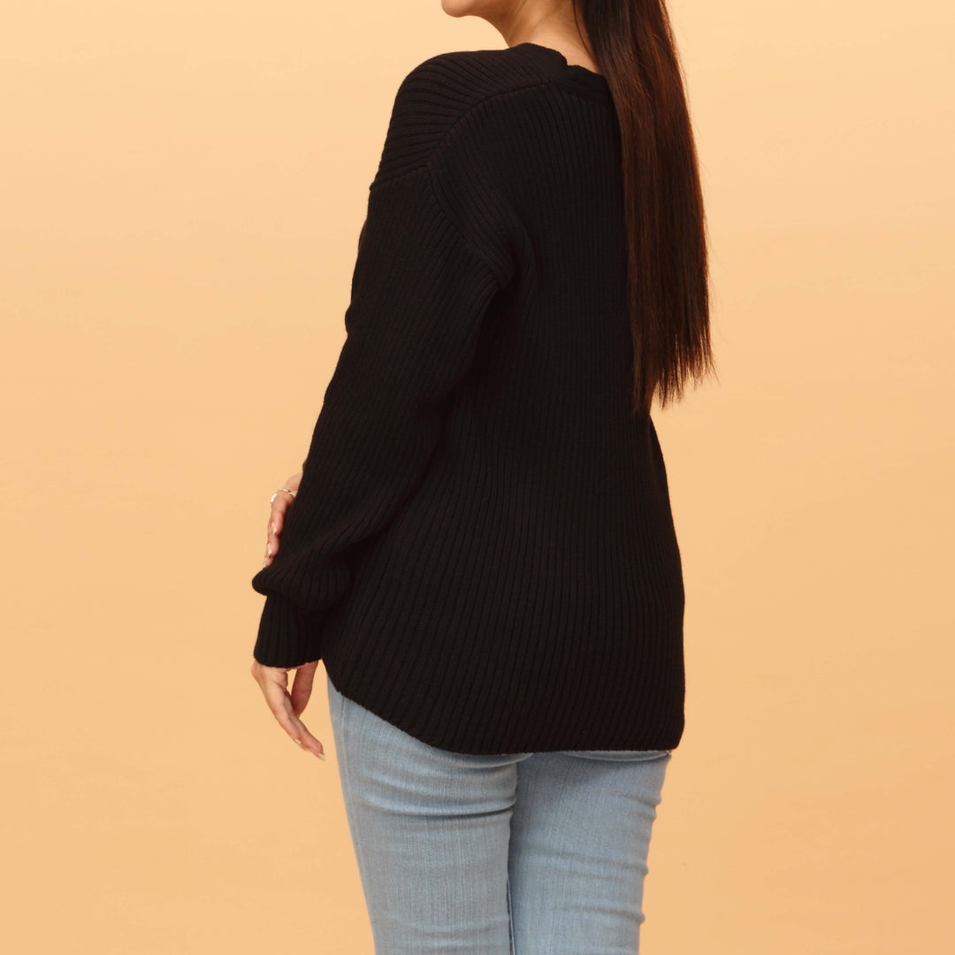 Black Plain Cotton Sweater with Pockets PW4818