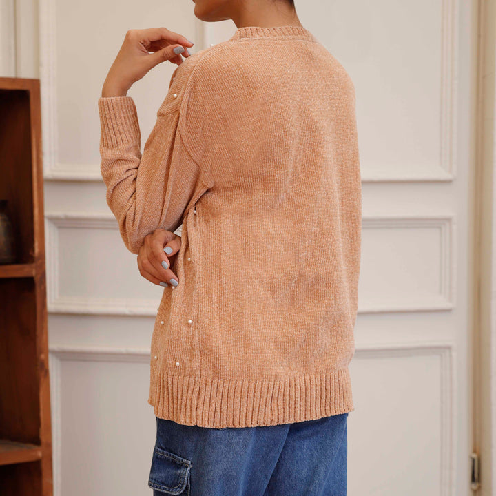 Beige Velvet Thread Winter Sweater PW4829