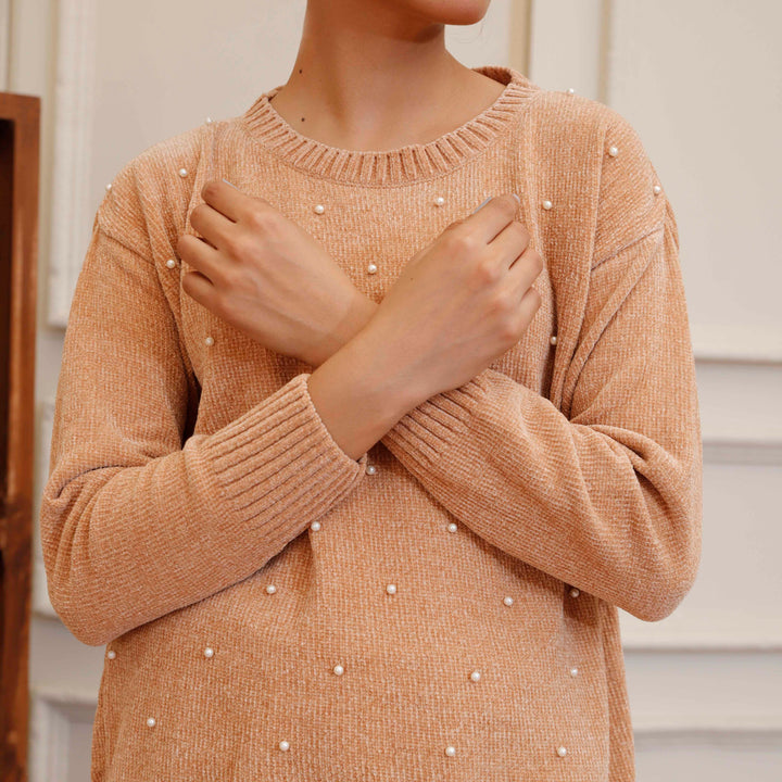 Beige Velvet Thread Winter Sweater PW4829