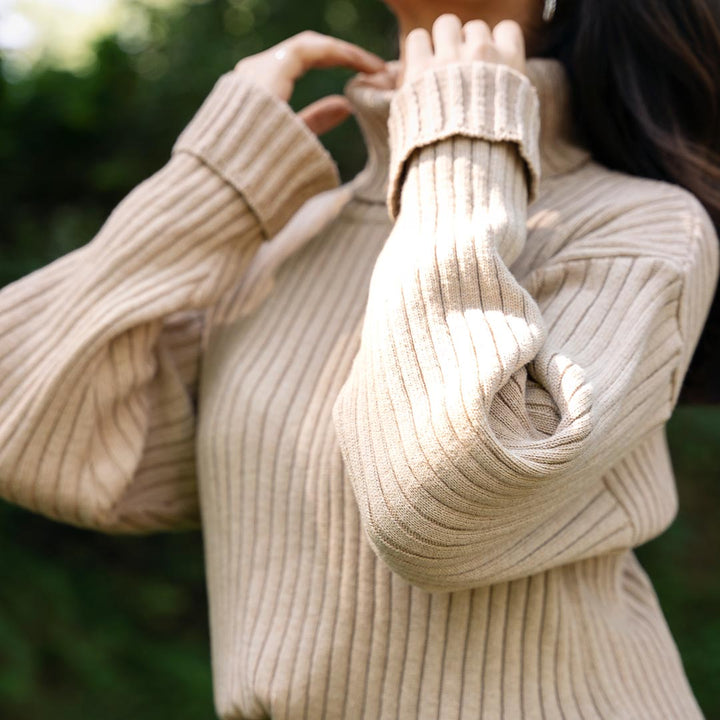 Beige Hi Neck Knitted Sweater PW4839