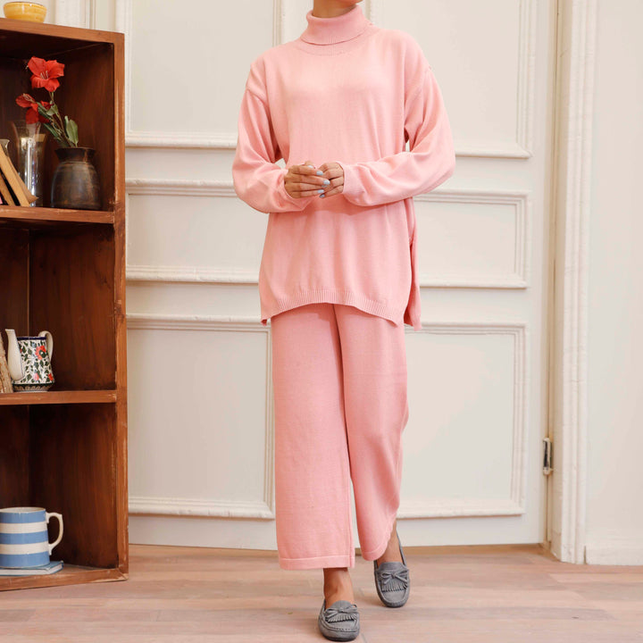 Pink Cotton Thread Winter Sweaters Co ord Set PW4859