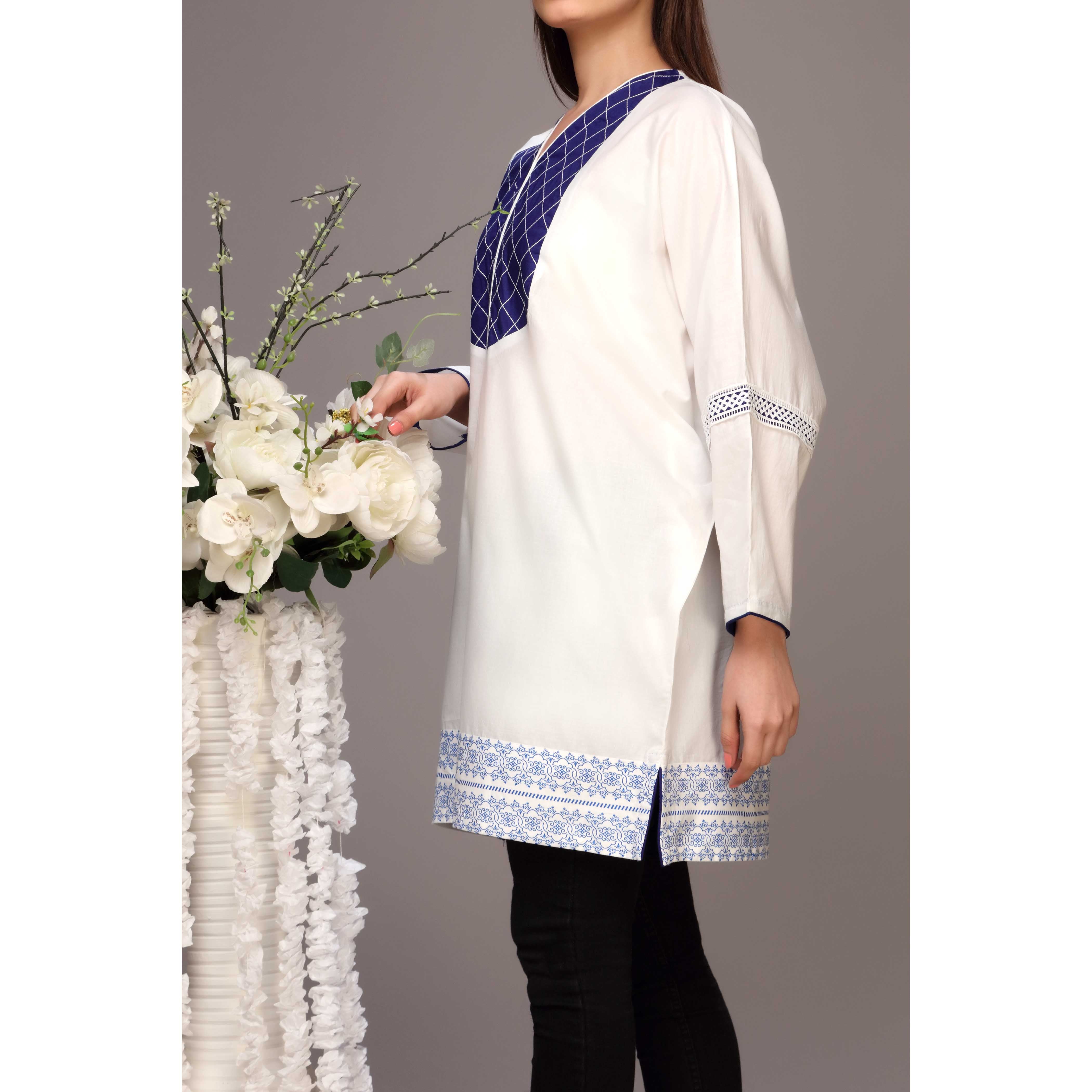 White Color Cambric Embellsihed Shirt PS2138