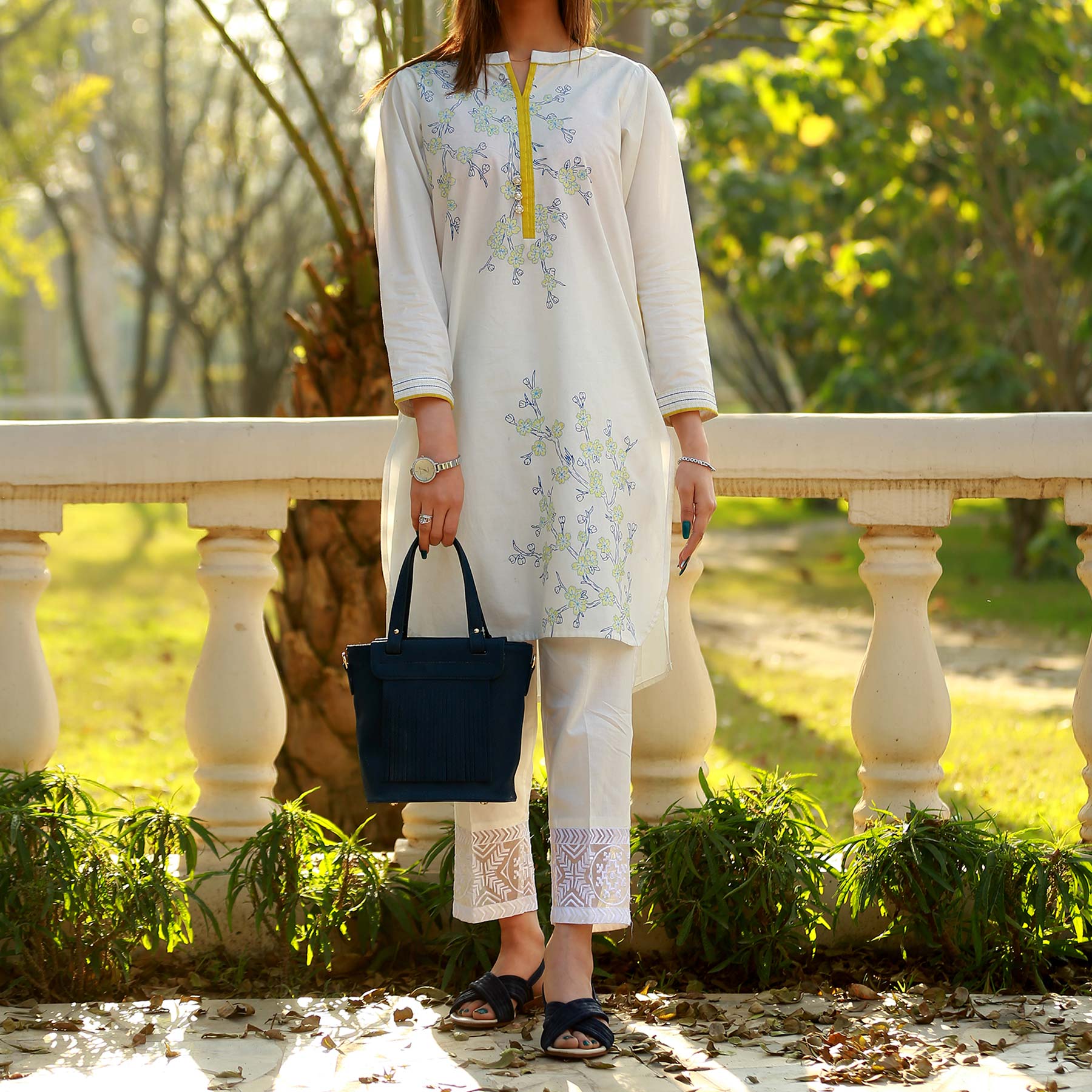 White Color Printed Cambric Shirt PS2139