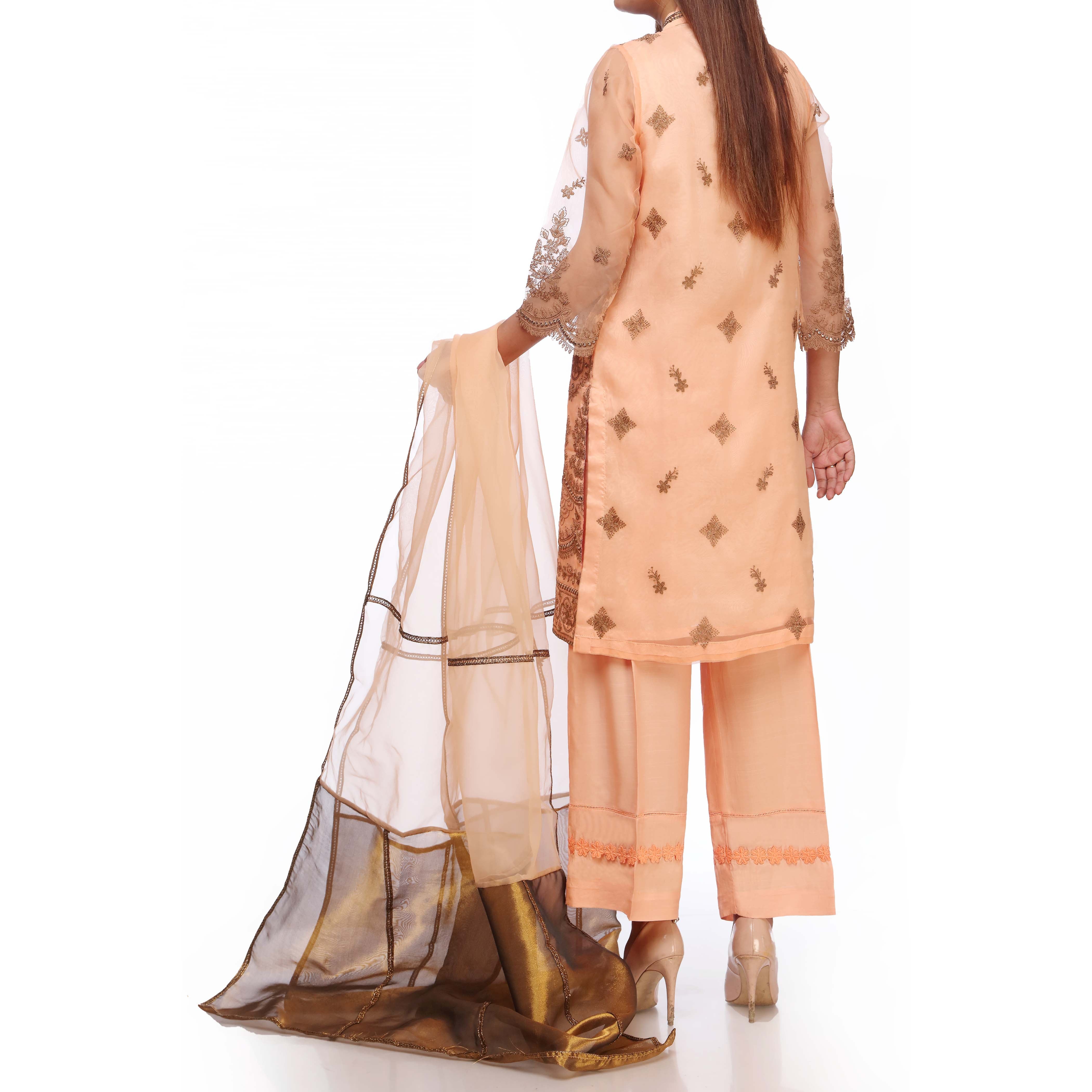 3PC- Embellished Orgazna Shirt & Dupatta with Raw Silk Trousers PS2186
