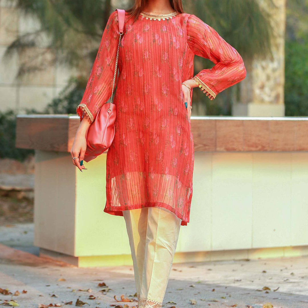 Orange Color Printed Pleted Organza Shirt PS2235