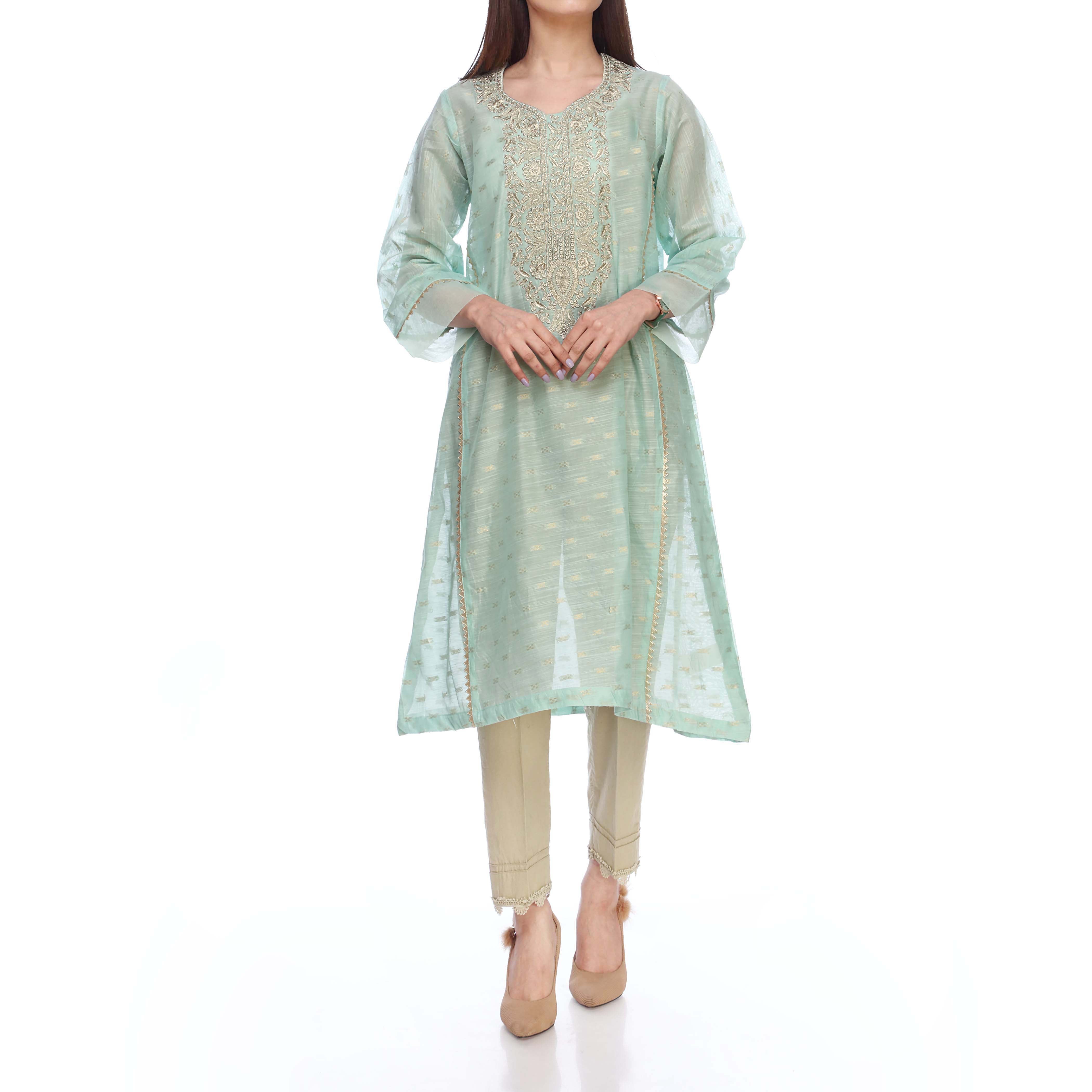 Seagreen Color Embellished Cotton Zari Shirt PS2245
