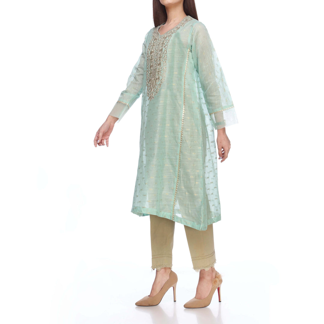 Seagreen Color Embellished Cotton Zari Shirt PS2245