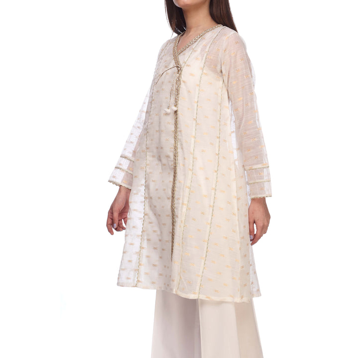 White Color Embellished Cotton Zari Shirt PS2247