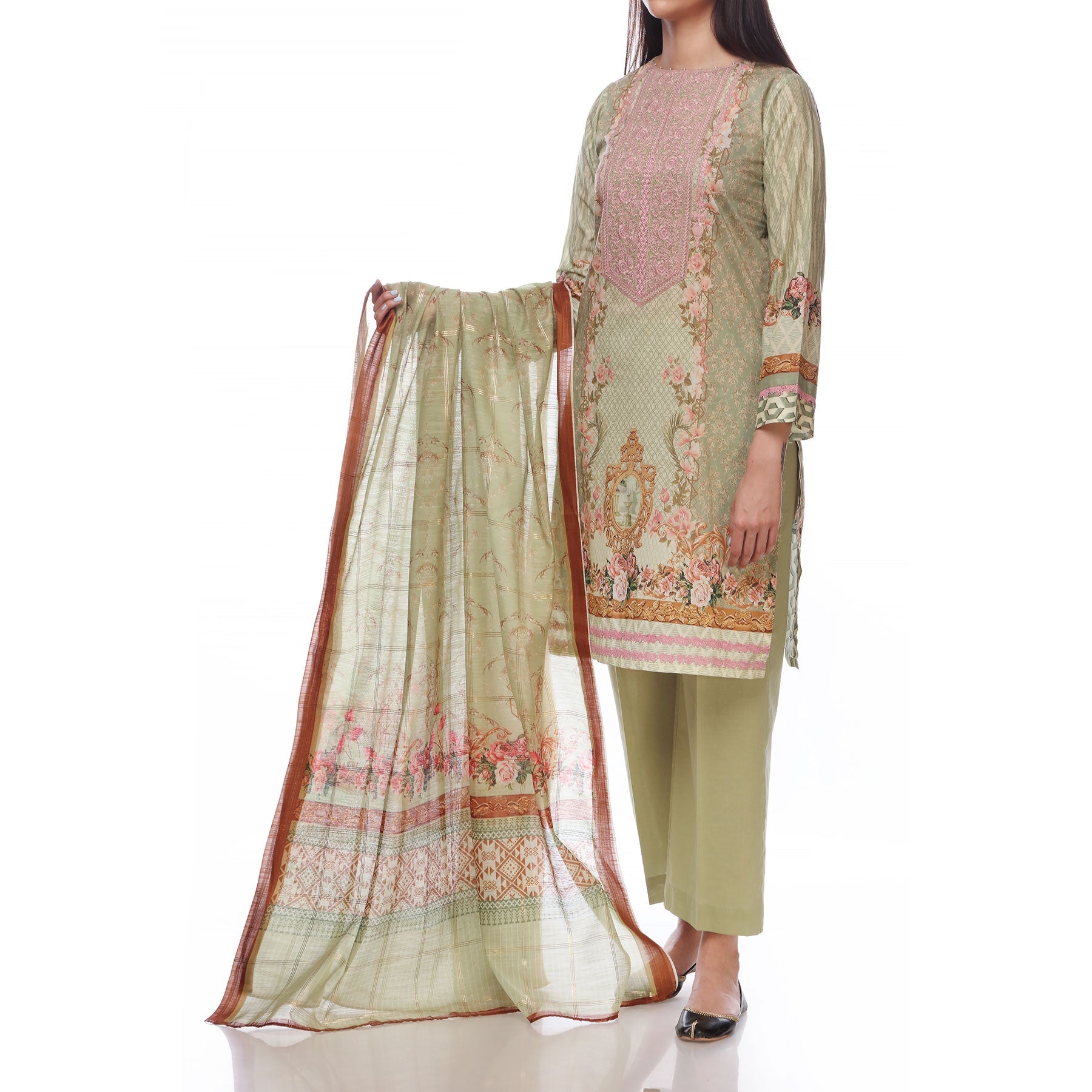Digital Printed Lawn Shirt With Embroiderd Neck Line
Digtal Printed Tila Border Dupatta
Plain Dyed Cambric Trousers