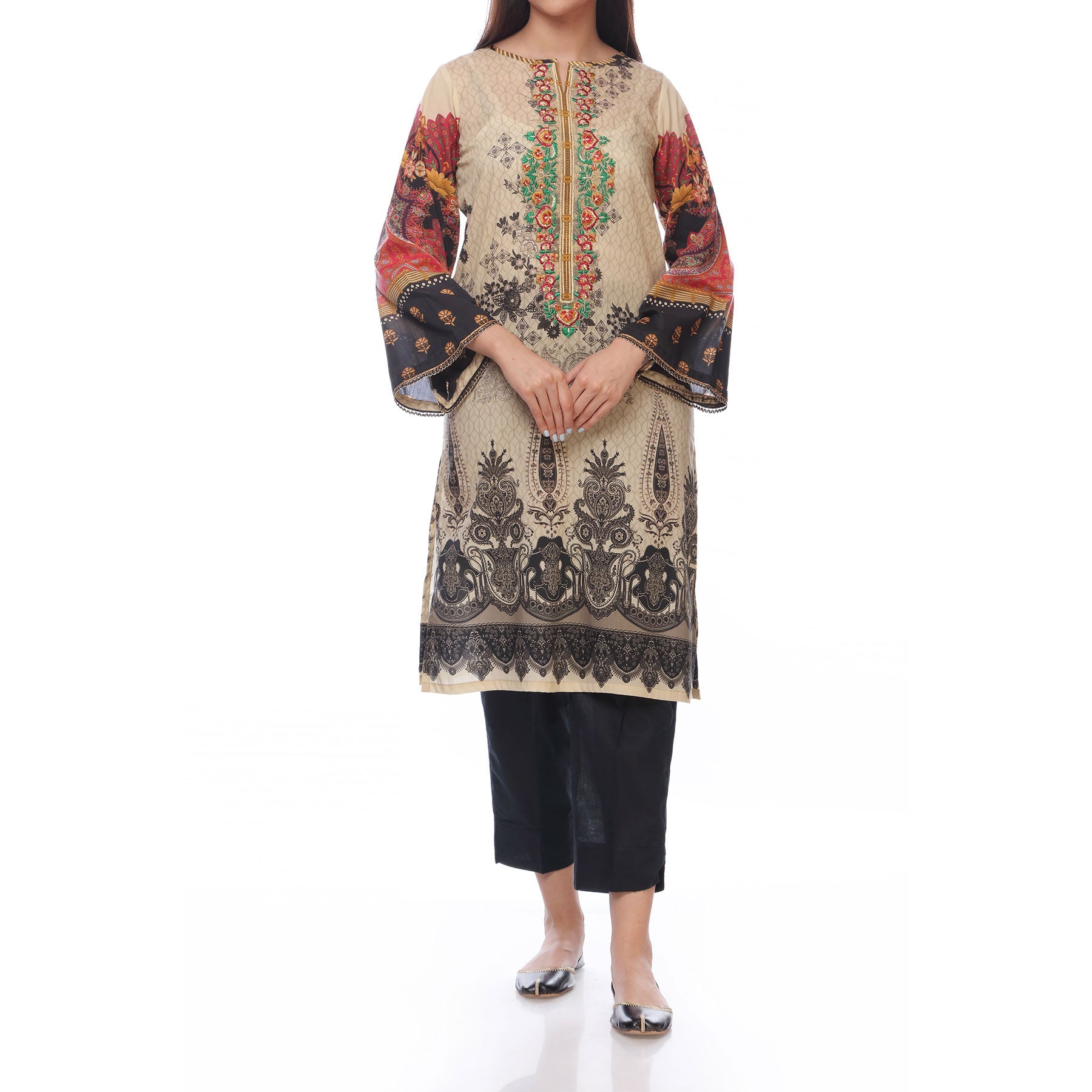 Digital Printed Lawn Shirt With Embroiderd Neck Line