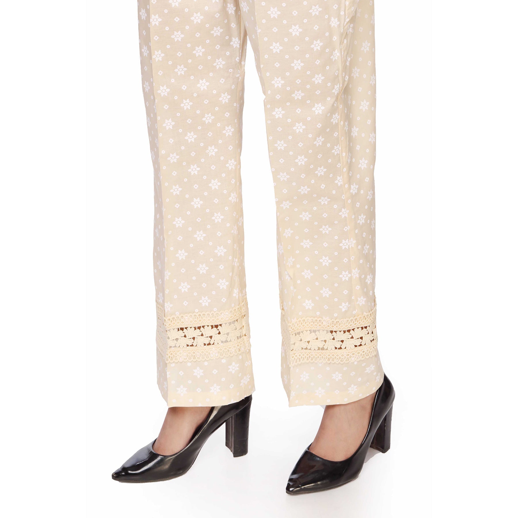 White on White Puff Print Straight Cut Trousers