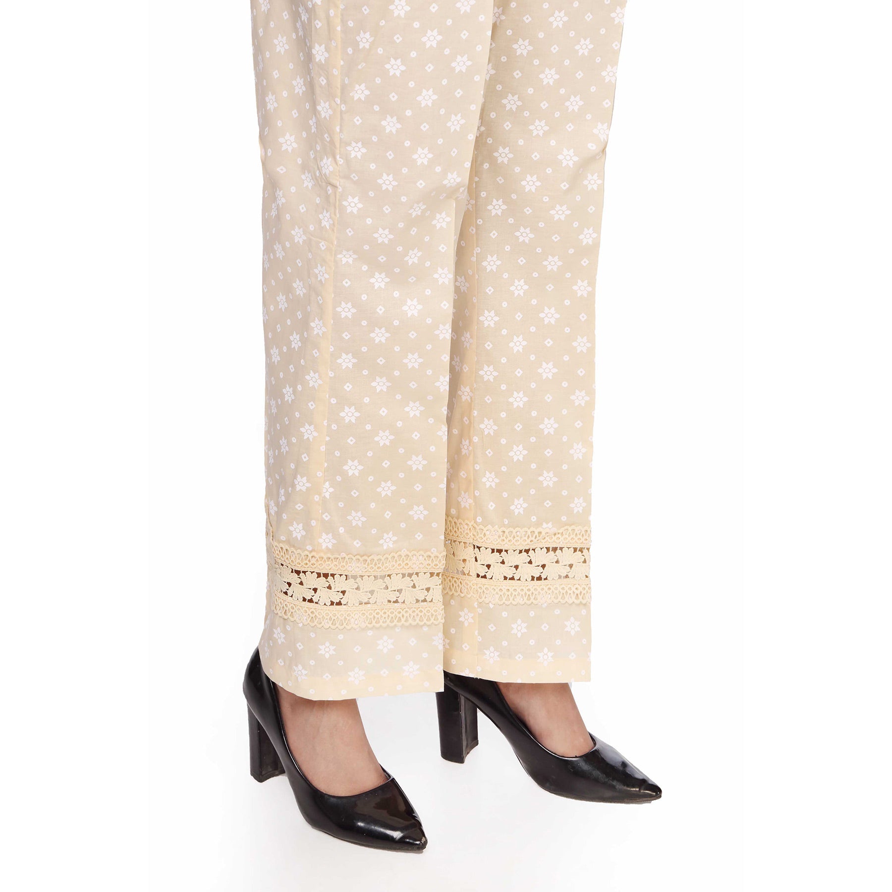 White on White Puff Print Straight Cut Trousers