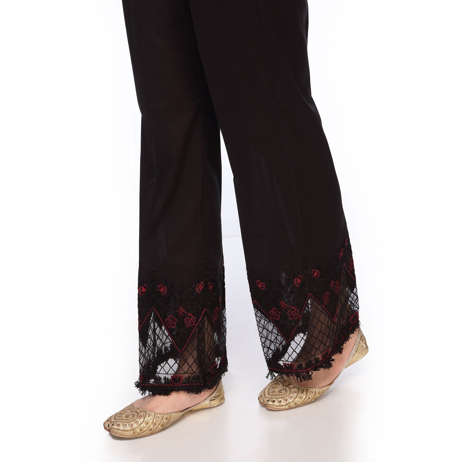 Black Color Straight Fit Embellsihed Cambric Trousers PS251201
