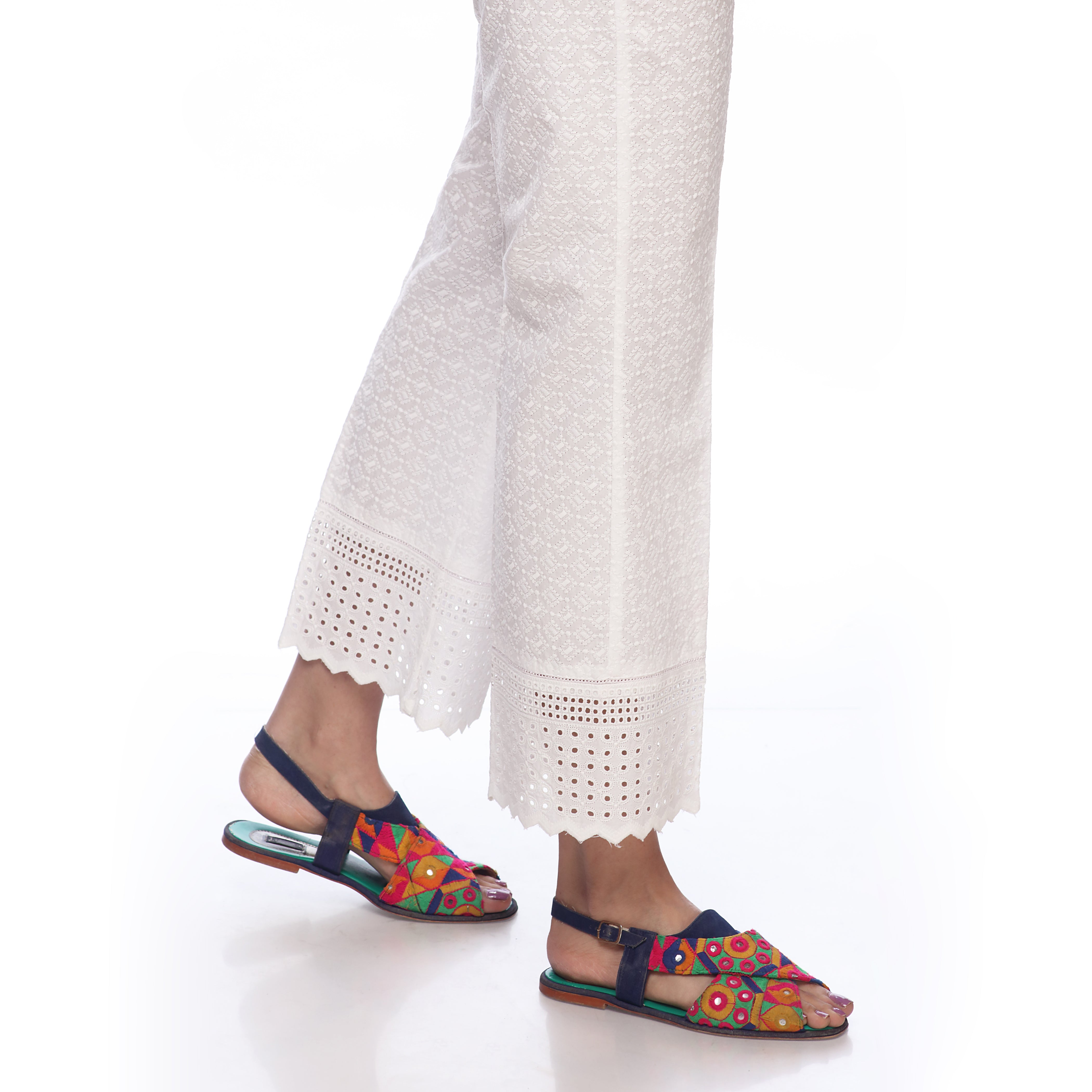 White Color Straight Fit ChikanKari Embellished Trousers PS2515