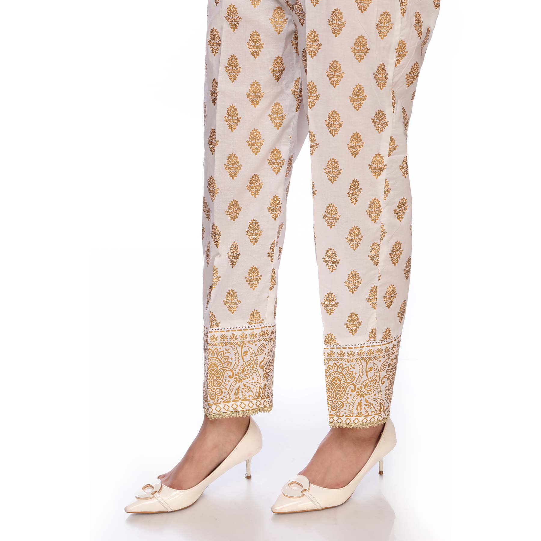 White Color Printed Slim Fit Cambric Trousers PS2520