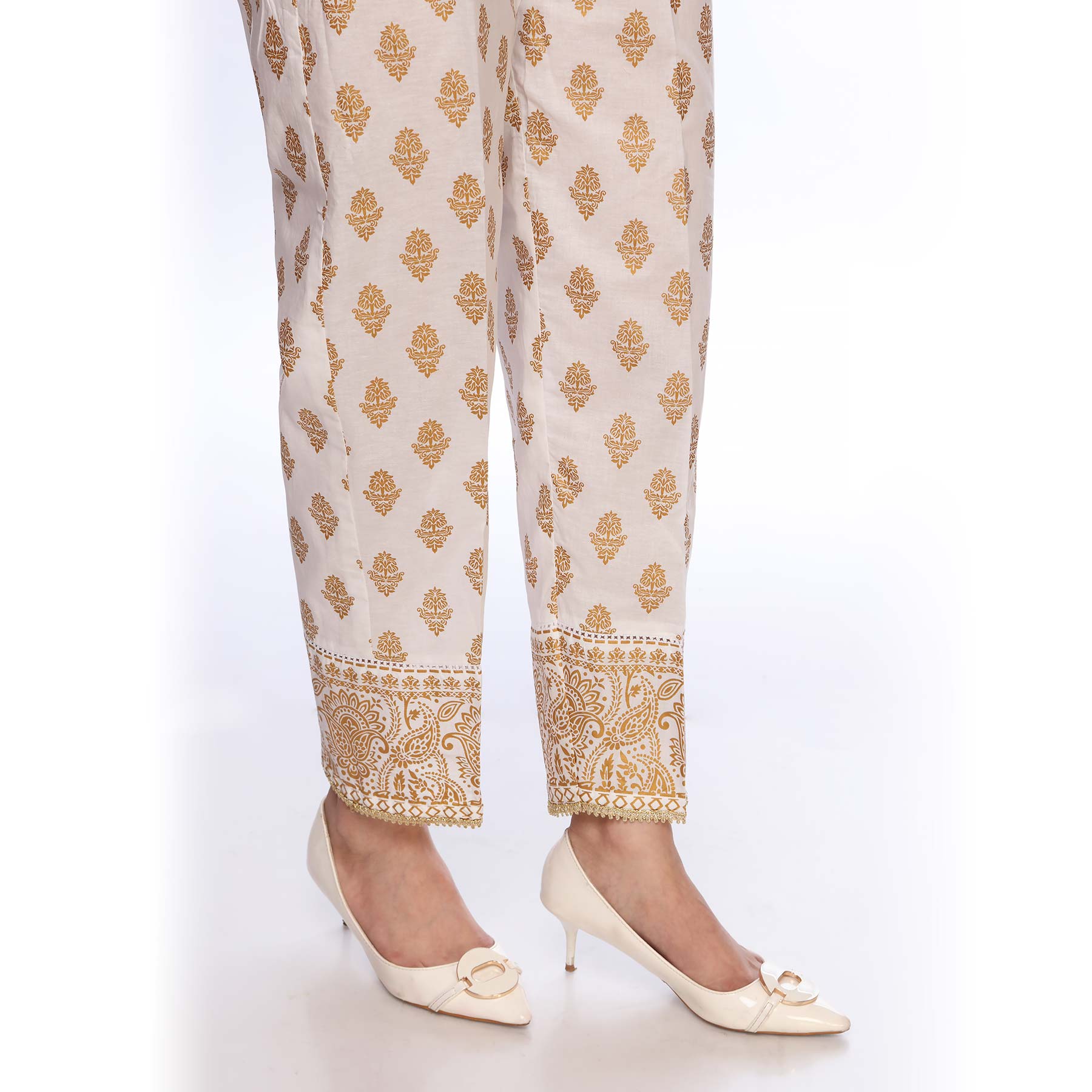 White Color Printed Slim Fit Cambric Trousers PS2520