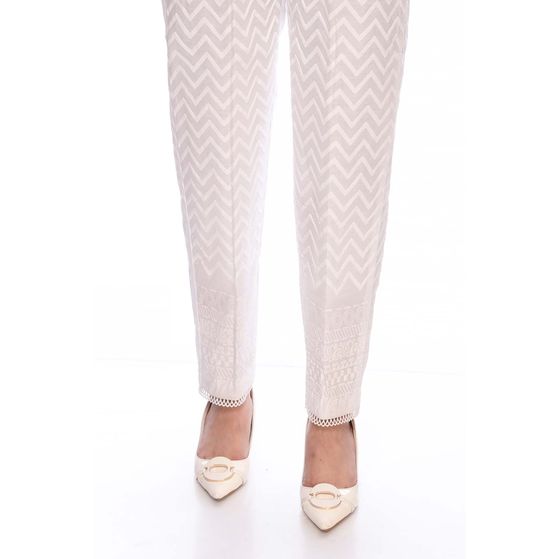 White Color Printed Slim Fit Cambric Trousers PS2544