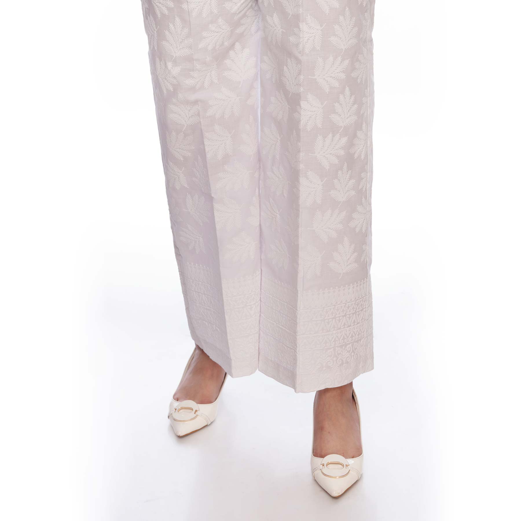 White Color Printed Straight Fit Cambric Trousers PS2546