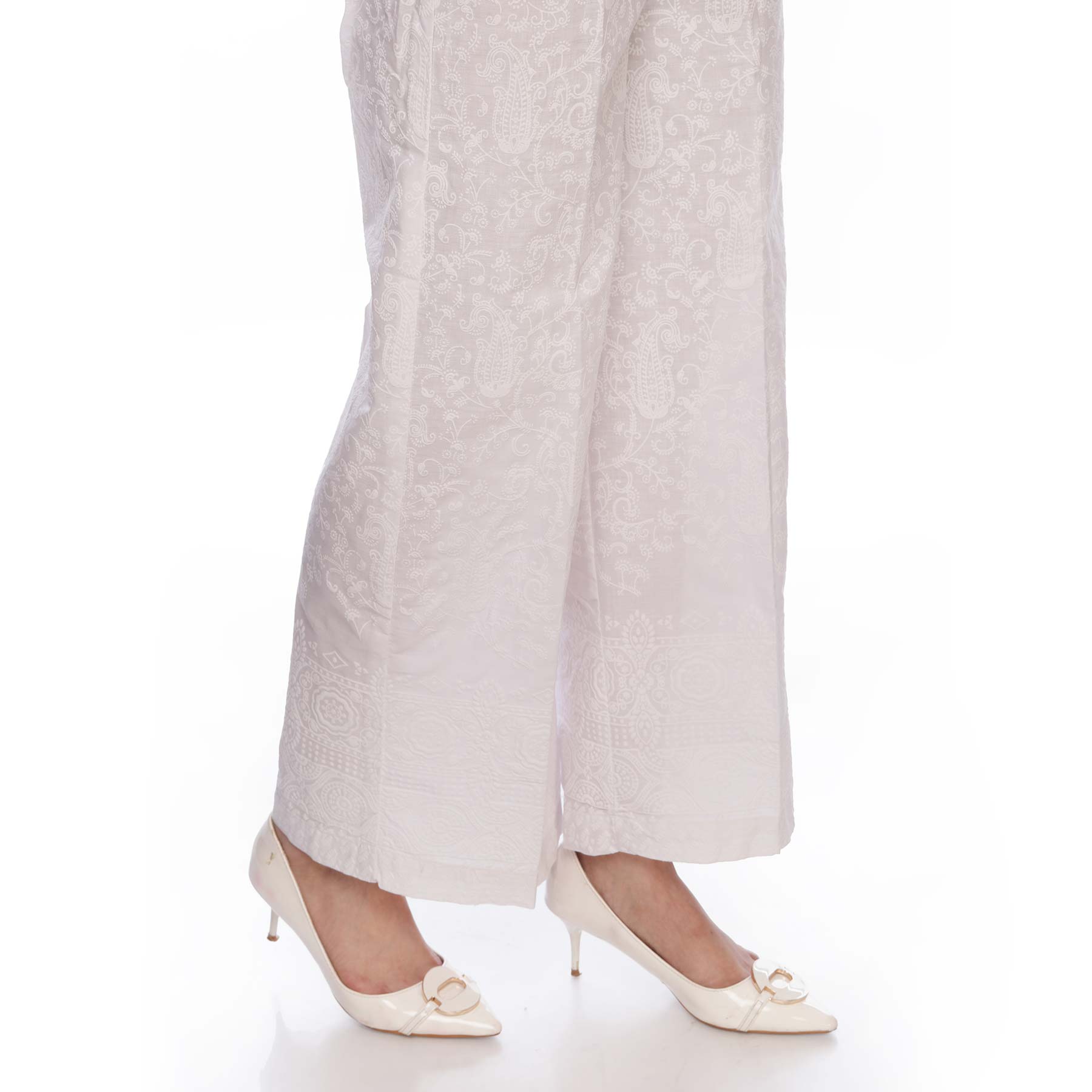 White Color Printed Straight Fit Cambric Trousers PS2547