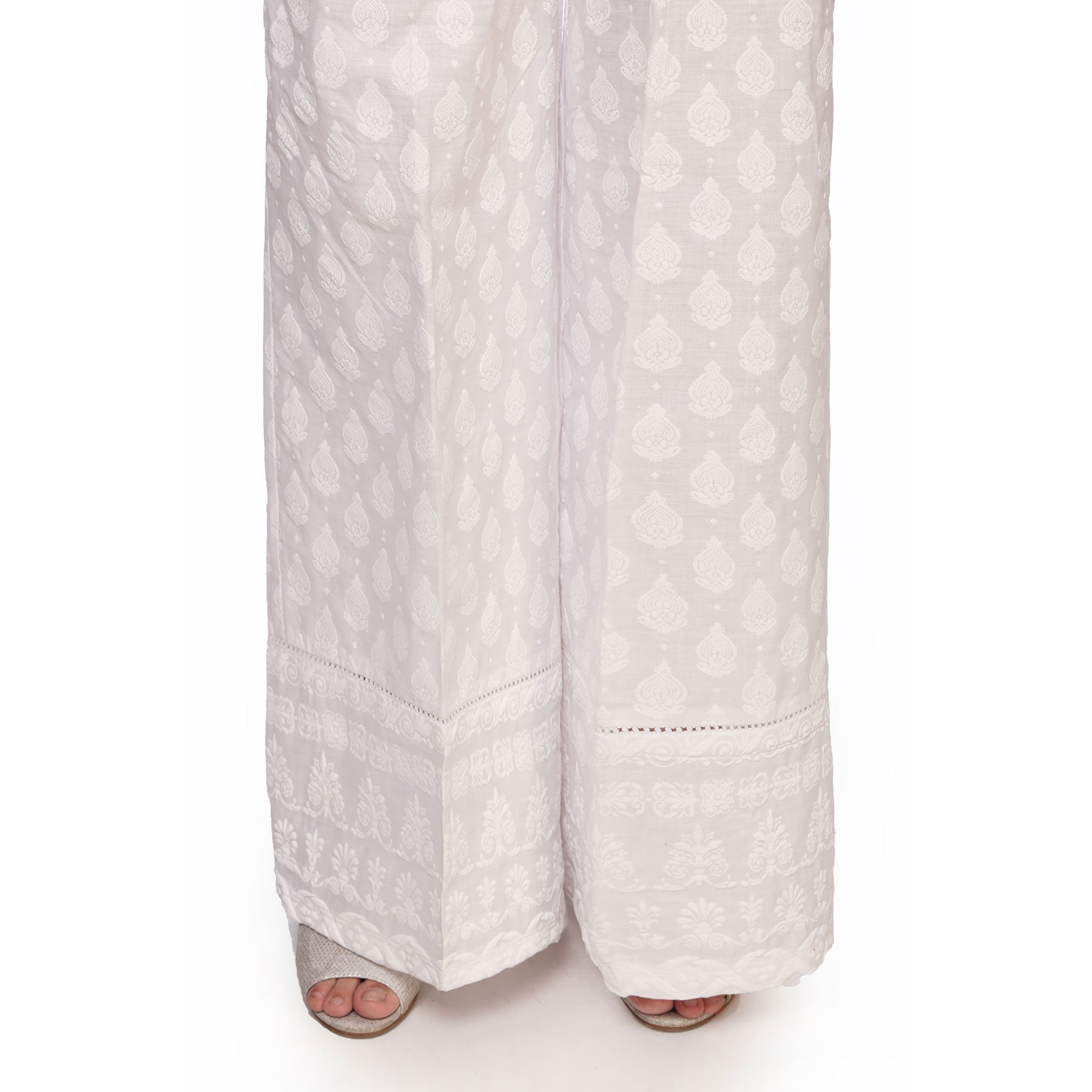 White Color Straight Fit Printed Cambric Trousers PS255609