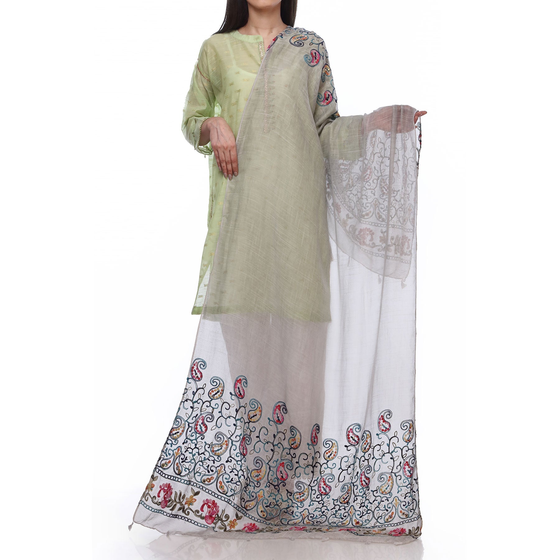 Grey Color Embellished Dyed Lawn Stole PS2713