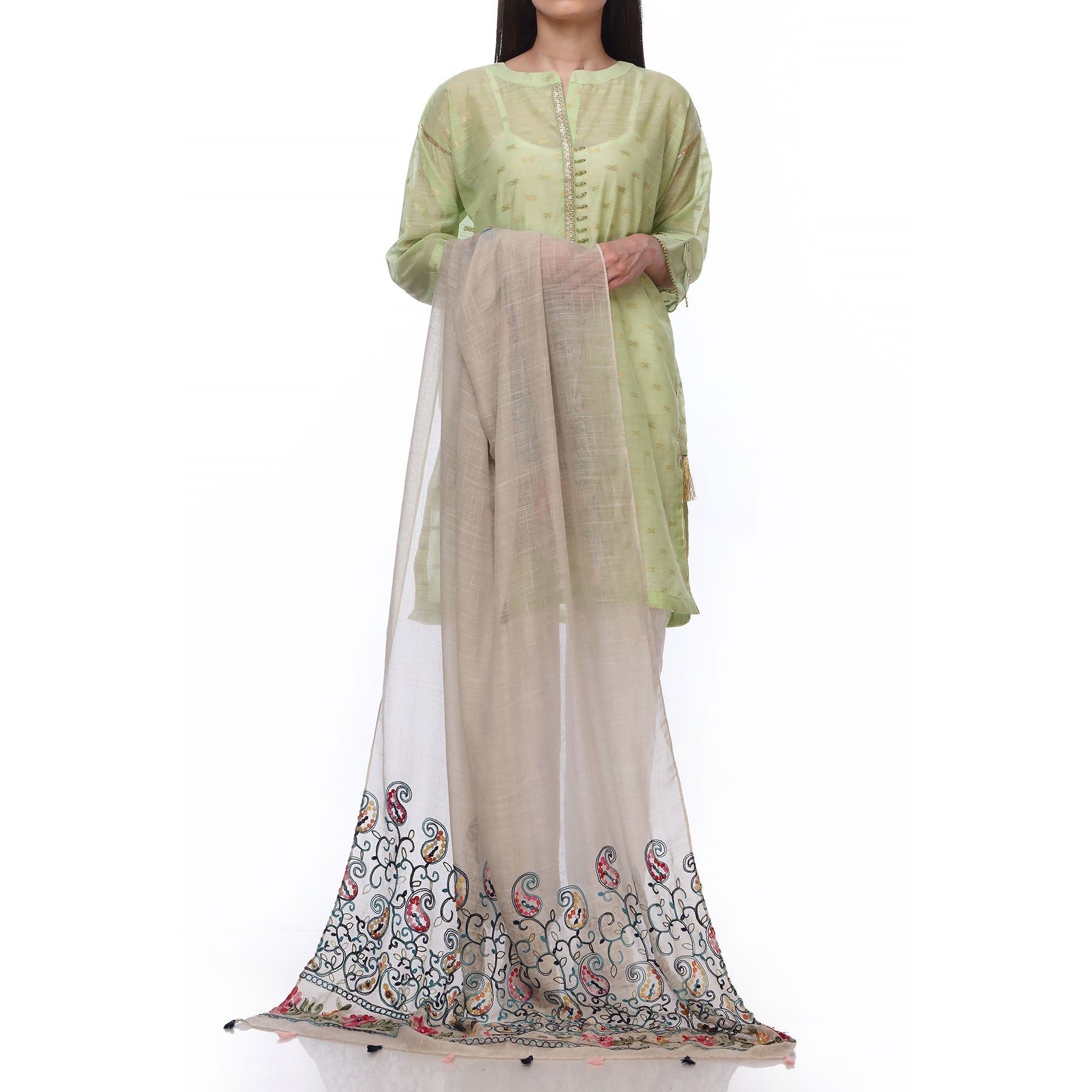 Cream Color Embellished Dyed Lawn Stole PS2713