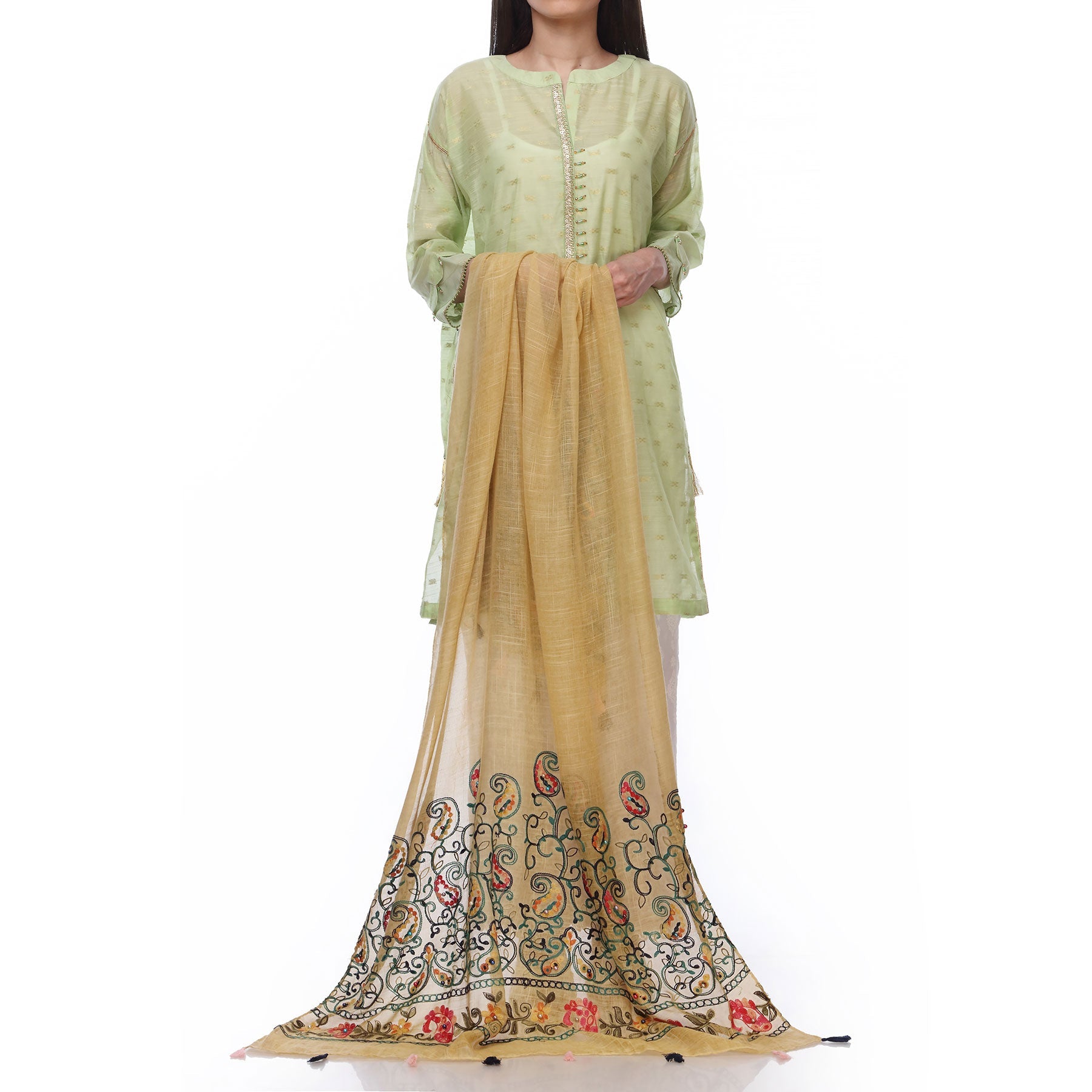 Yellow Color Embellished Dyed Lawn Stole PS2713