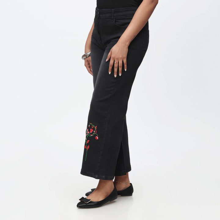 Black Embroidered Flapper Denim Pant PS4527