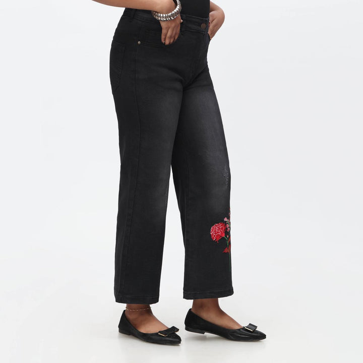 Black Embroidered Flapper Denim Pant PS4527