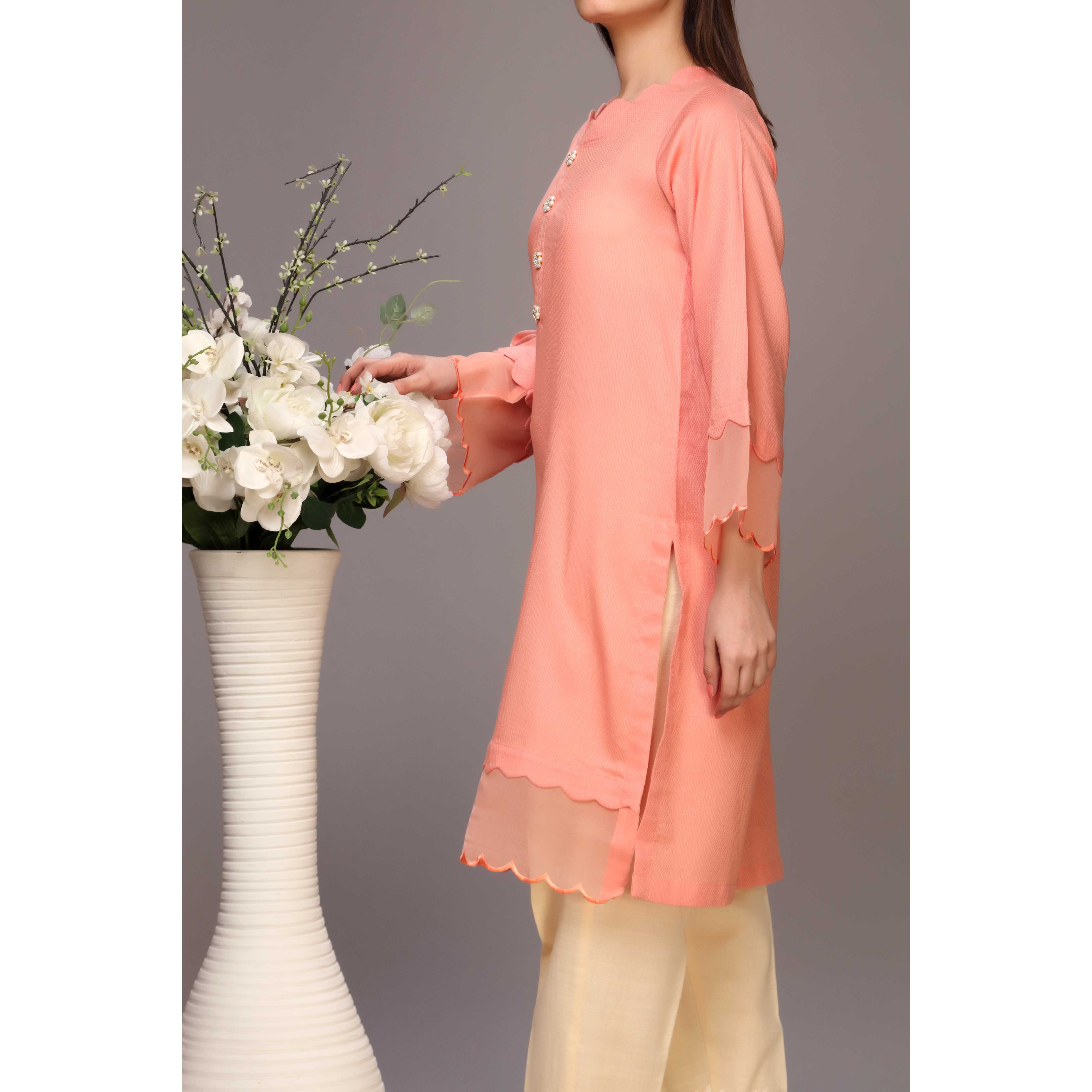 Peach Color Embellished Dobby Lawn Shirt PW1151