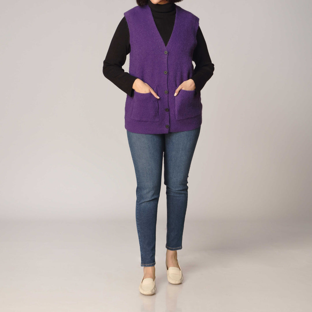 Purple Mid Length Sleeveless Cardigan PW2922