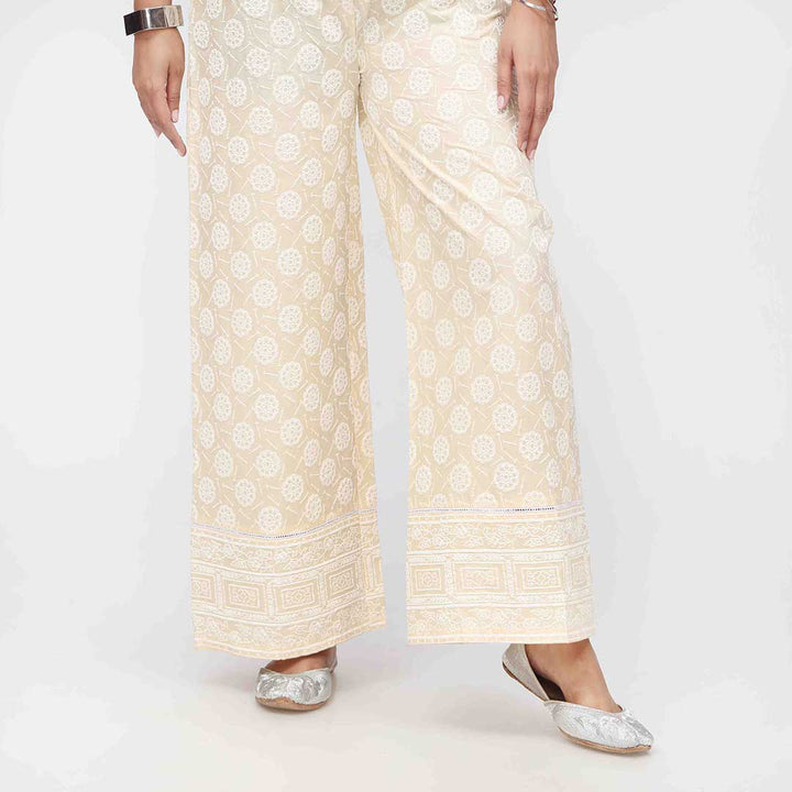 Beige Puff Printed Cambric Straight Trouser PW3589