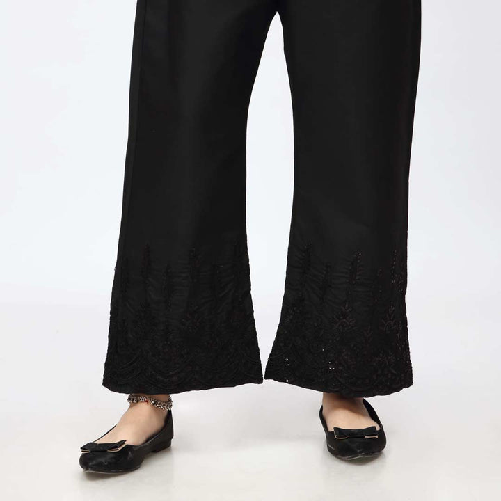 Black Embroidered Bell Bottom Cambric Trouser PW3658