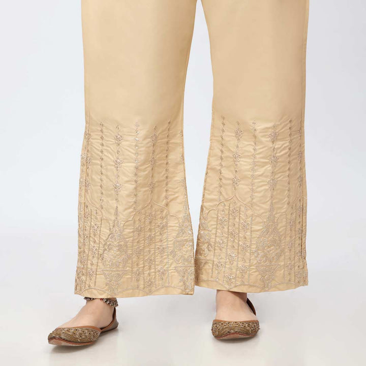 Beige Embroidered Bell Bottom Cambric Trouser PW3662