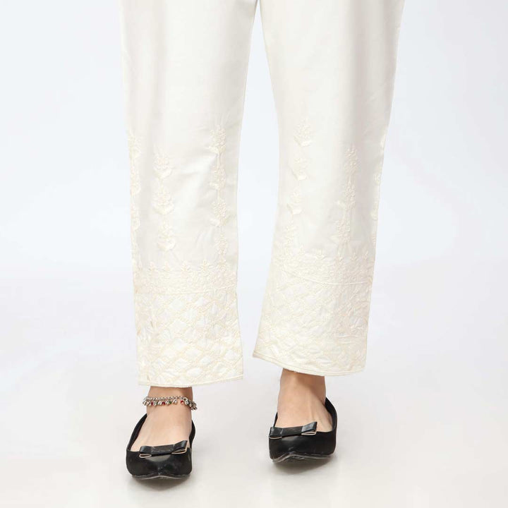 Cream Embroidered Cambric Slim Fit Trouser PW3667